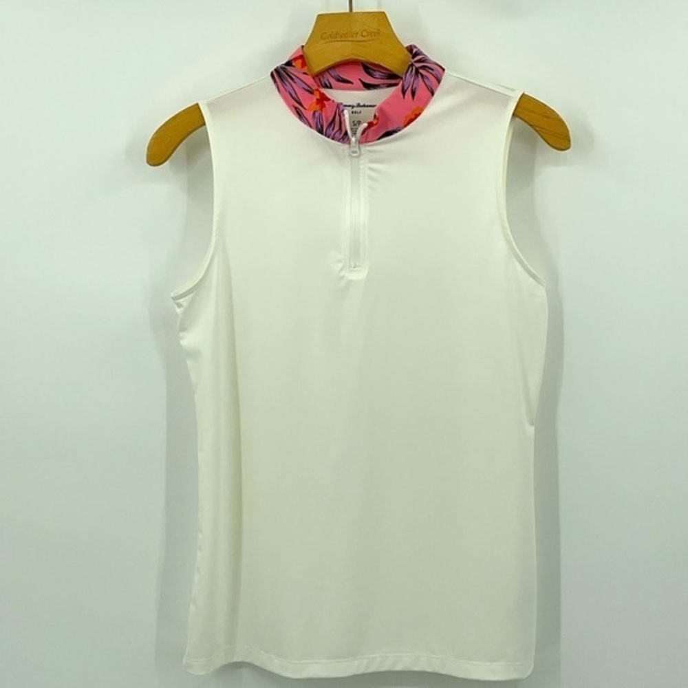 Tommy Bahama Golf/Tennis 1/4‎ Zip Sleeveless White W/ Pink floral detail SZ S B8